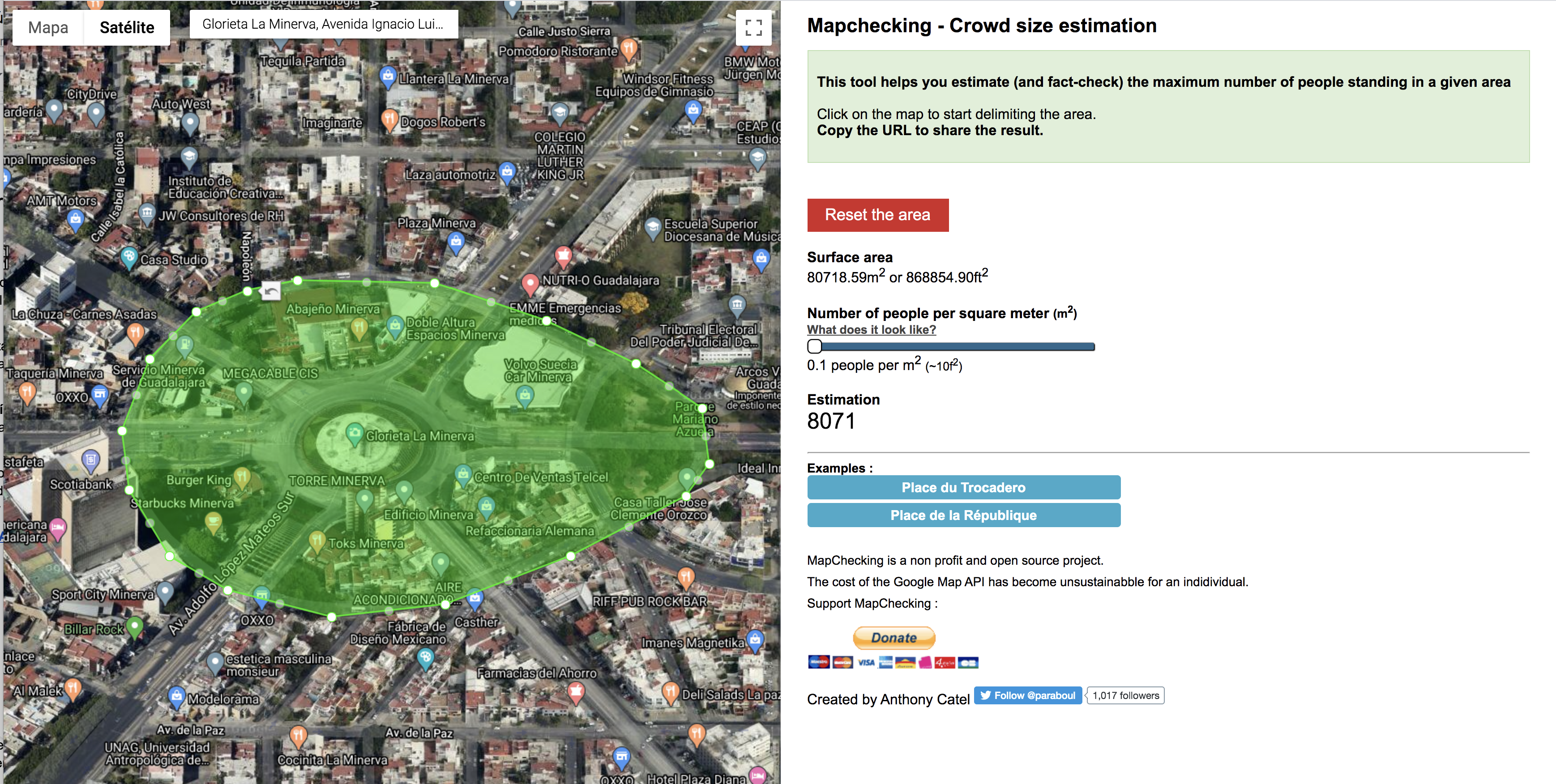 Ejemplo: Trazado de espacio en Mapchecking para calcular el número de asistentes aproximado en un espacio público.