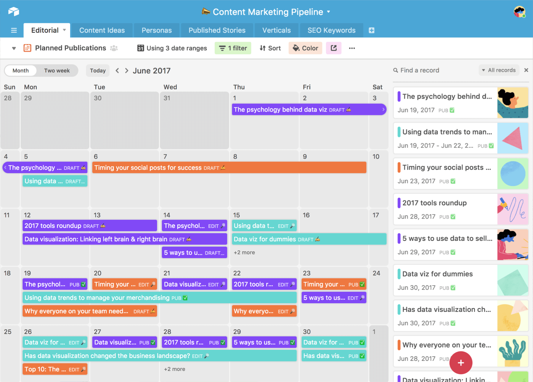 Vista de la visualización del calendario de Airtable
