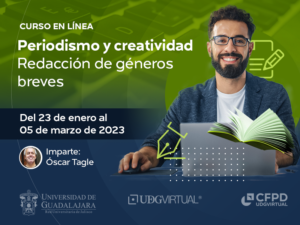 Portada de la convocatoria del curso en línea: Periodismo y creatividad.Redacción de géneros breves