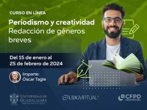 Portada de la convocatoria del curso en línea: Periodismo y creatividad.Redacción de géneros breves